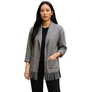 Tahari Gray Open Front Shawl Collar Sweater Fringe Hem Cardigan Size S